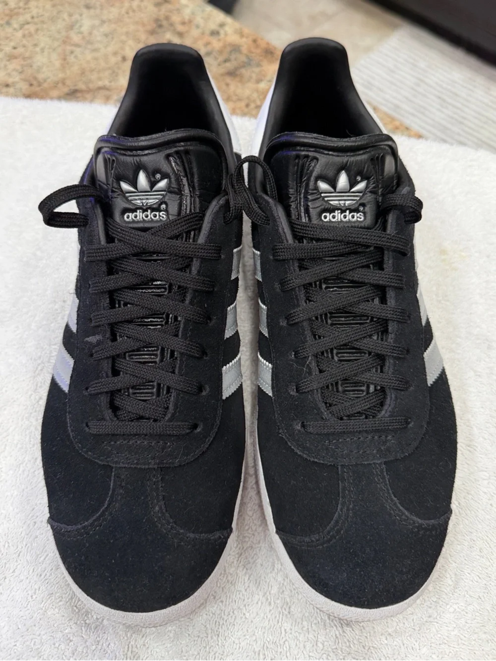 adidas Black, White, & Silver Gazelle Suede Women’s Sneakers